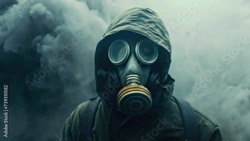 Man wear gas mask. Dangerous toxic radiation. Air pollution concept. Apocalypse world. Person in protective respirator. Nuclear war. Radioactive smog. Nature chemical contamination. Stalker survivor. photo