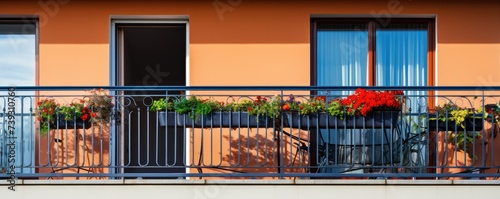 Spacious balcony of an apartment with flowers in pots. photo