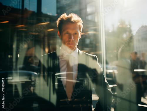 Portrait von einem Geschäftsmann mit Spiegelungen und Reflexionen durch eine Glasscheibe im Gegenlicht