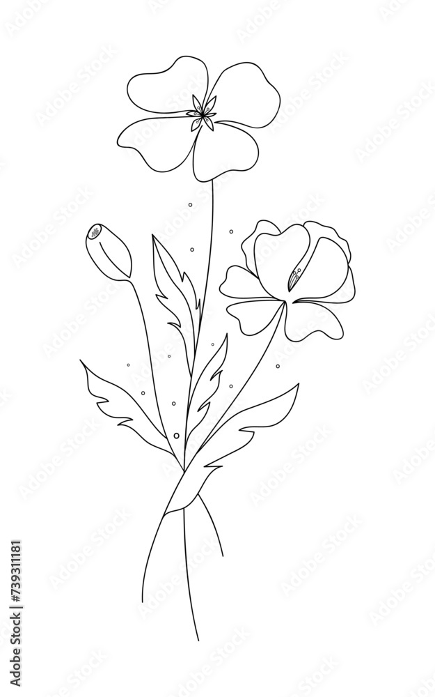 Stylized poppy flowers line art. Sketch bouquet. Vertical composition. Botanical vector illustration memory symbol.