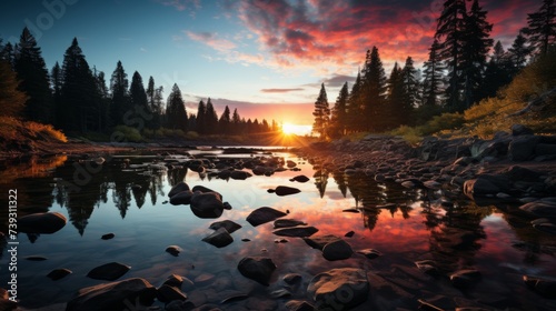A serene alpine lake at sunset, the sky ablaze with colors, the silhouettes of pine trees framing th © ProVector