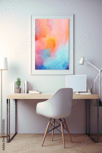 A mockup of a modern office space with a minimalist desk  a colorful abstract painting on the wall  and a simple  ergonomic chair.