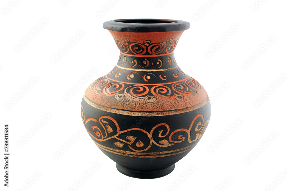 Handcrafted Traditional Black and Orange Pottery Vase Isolated on White Background

