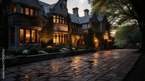 A historic manor house at dusk, the fading sunlight casting a golden hue over the stone façade, the