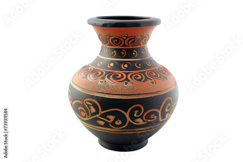 Handcrafted Traditional Black and Orange Pottery Vase Isolated on White Background 