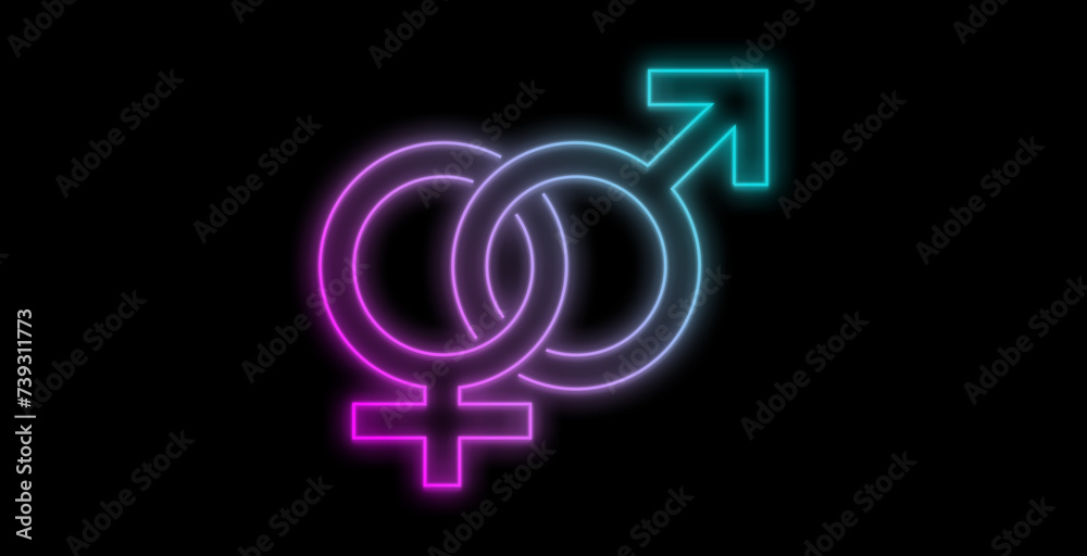 Fototapeta premium Neon sign with male and female symbol gradient blue and pink. Gender Male and Female.