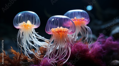 A serene and mysterious deep-sea landscape, bioluminescent creatures casting a gentle glow in the da photo