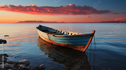 A small fishing boat gently rocking on the calm sea, the horizon glowing with the first light of daw