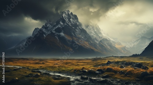 A rugged mountain ridge under a stormy sky, the jagged peaks standing defiant against the dark, broo