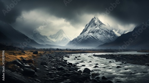 A rugged mountain ridge under a stormy sky, the jagged peaks standing defiant against the dark, broo