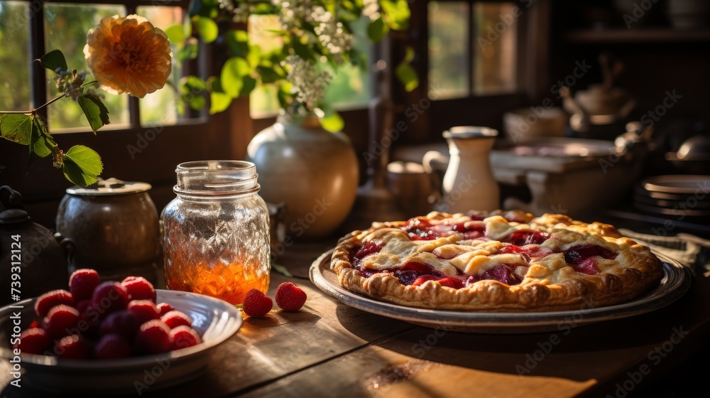 A serene kitchen scene post-dinner, a homemade pie cooling on the counter, soft lighting illuminatin