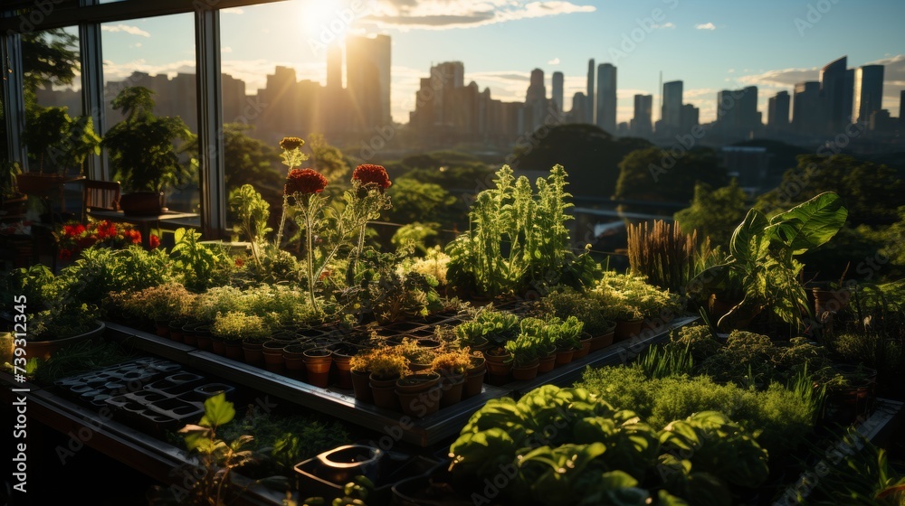 Fototapeta premium A rooftop garden in a bustling city at sunset, urban farmers tending to vibrant rows of fresh vegeta