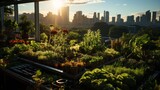 A rooftop garden in a bustling city at sunset, urban farmers tending to vibrant rows of fresh vegeta