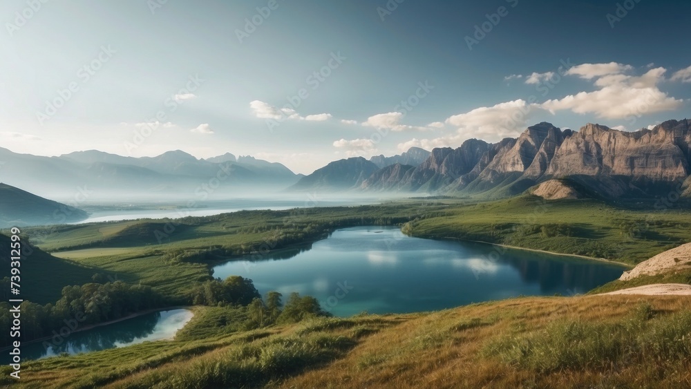 Fototapeta premium Explore a vast and diverse open world landscape of diverse hills, towering mountains and breathtaking lakes