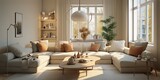 Spacious living room bathed in natural light from large windows during late afternoon
