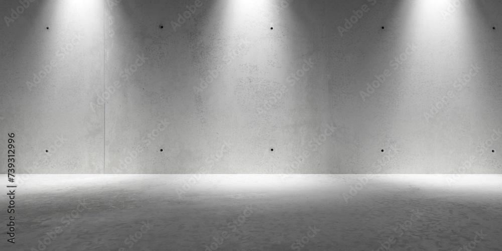 Abstract empty, modern concrete room with three downlight spots on the back wall and rough floor - industrial interior background template - obrazy, fototapety, plakaty 