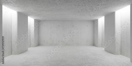 Abstract empty, modern concrete room with pillars, recesses with lights and rough floor - industrial interior background template
