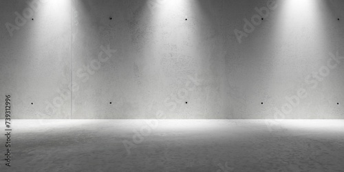 Abstract empty, modern concrete room with three downlight spots on the back wall and rough floor - industrial interior background template photo