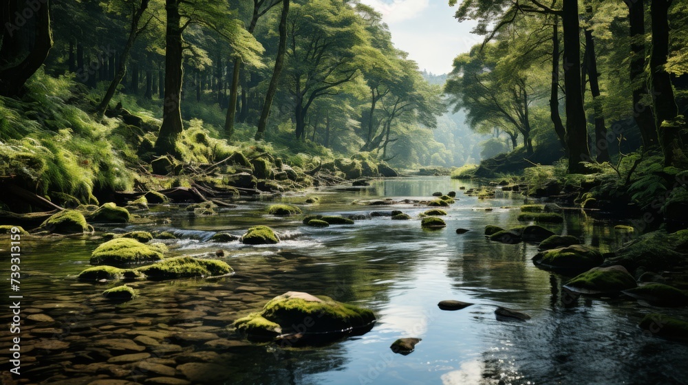 Obraz premium A tranquil river meandering through a lush forest, light filtering through the canopy, creating dapp