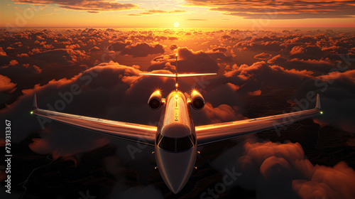 A private jet soars above a sea of golden clouds illuminated by the setting sun, embodying luxury and freedom. photo
