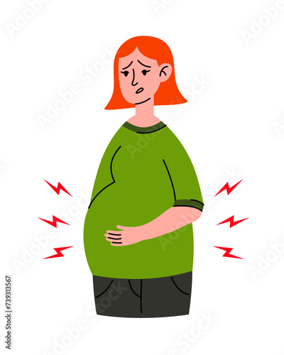 Worried Pregnant woman stomach ache. Mother in bad condition. Sickness, Pregnancy symptoms, motherhood, Health problem concept. Premature birth, contractions.