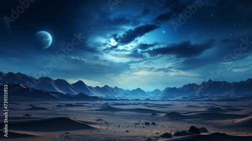 A desert scene under the moonlight, the cool blue light casting a serene, otherworldly glow on the s