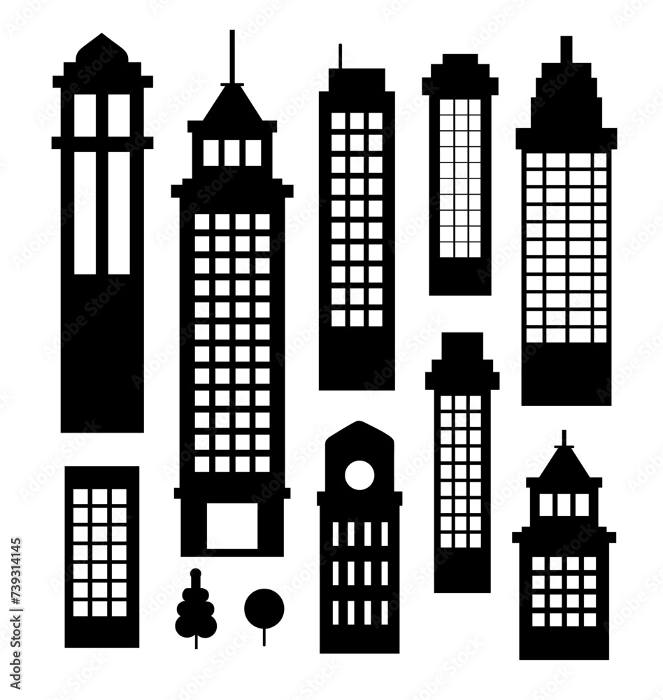 Building vector set illustrations of a black silhouette of city structures