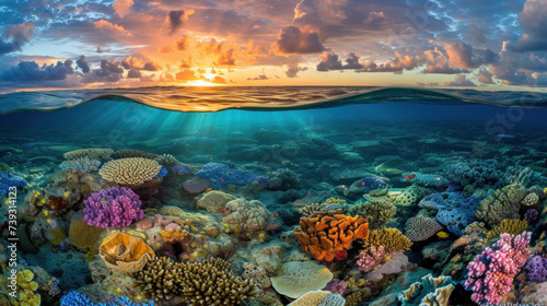Beautiful reef and nice sunset  clear tropical sea