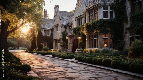 A historic manor house at dusk, the fading sunlight casting a golden hue over the stone façade, the photo