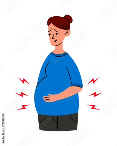 Worried Pregnant woman stomach ache. Mother in bad condition. Sickness, Pregnancy symptoms, motherhood, Health problem concept. Premature birth, contractions.