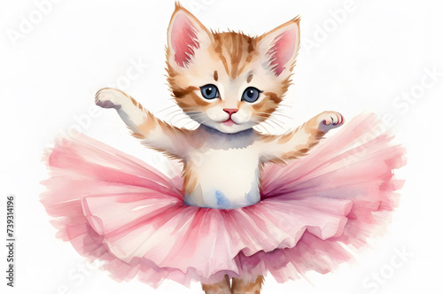 Watercolor illustration of a cat dancing ballet on a white background. Cute ballerina, ballerina girl, kitten, cat in ballet dress