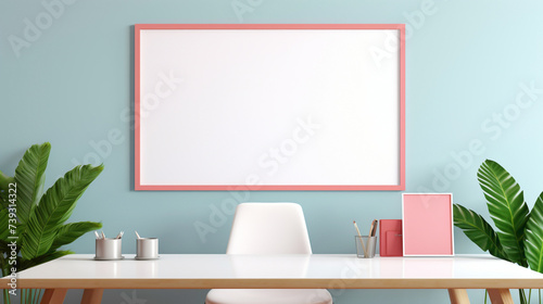 A mockup of an office with a blank white empty frame, presenting a colorful, modern graphic illustration. © LOVE ALLAH LOVE