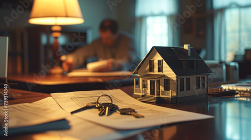 A small model house sits prominently on a table with a set of keys beside it, symbolizing the achievement of homeownership.