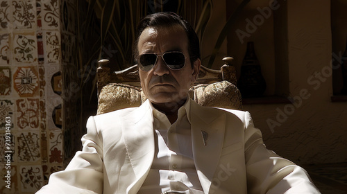 Head of drug cartel sitting in chair in his home photo