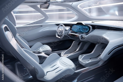 Concept of futuristic car interior with traditional wheel and two seats