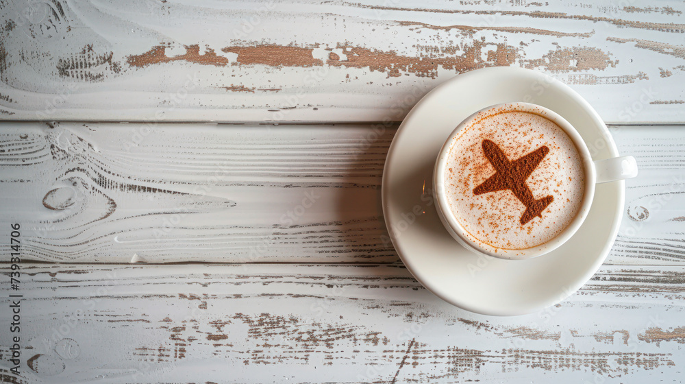 A creative latte art design resembling an airplane captured from above, symbolizing a love for travel and coffee. The cup sits on a white wooden surface, evoking a sense of wanderlust during a coffee A creative latte art design resembling an airplane captured from above, symbolizing a love for travel and coffee. The cup sits on a white wooden surface, evoking a sense of wanderlust during a coffee