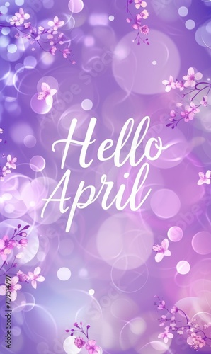 Abstract background with watercolor colorful splashes and flowers. Hello April handwritten modern calligraphy lettering. Spring concept background.