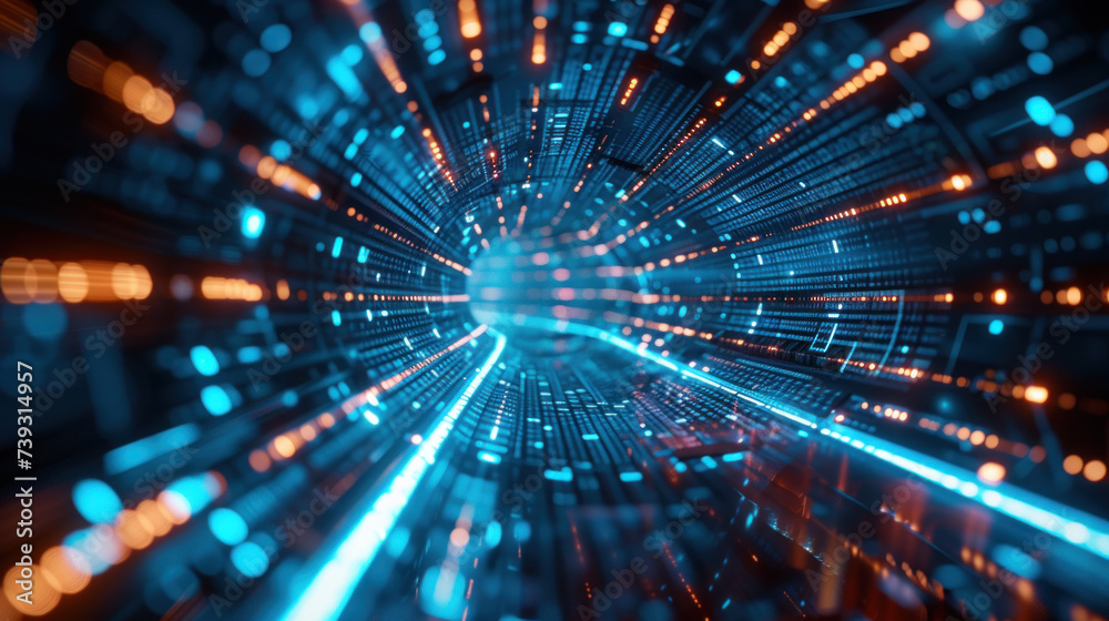 Tunnel of glowing particles - space-time fabric warp, time travelling machine, new physics concept