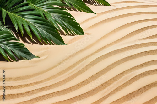 Tropical leaves, monstera leaves on a background of sand. A place for text, a layout for postcards. A place to copy