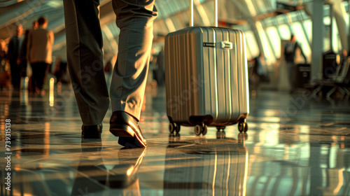 Sunlight filters through an airport terminal, casting a warm glow on a traveler with a silver suitcase. The polished floor reflects the hustle and bustle of the busy transit space