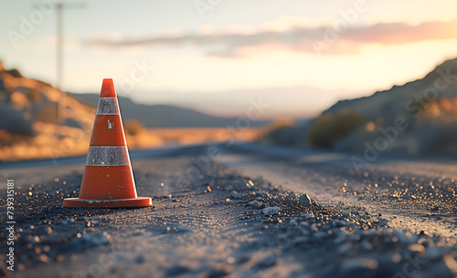 Traffic cone on the road in the desert.