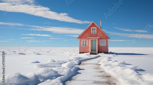 A solitary researcher's station in Antarctica, a minimalist structure against vast ice fields, the h