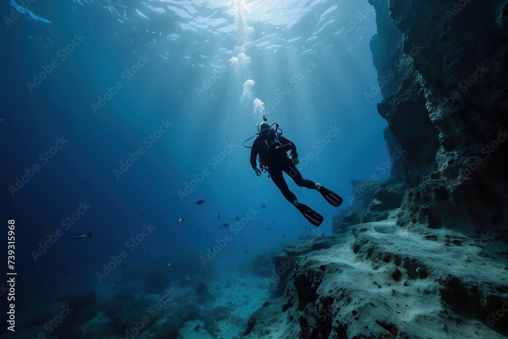 scuba diver at the edge of a drop-off, endless deep blue abyss, feeling of awe and solitude