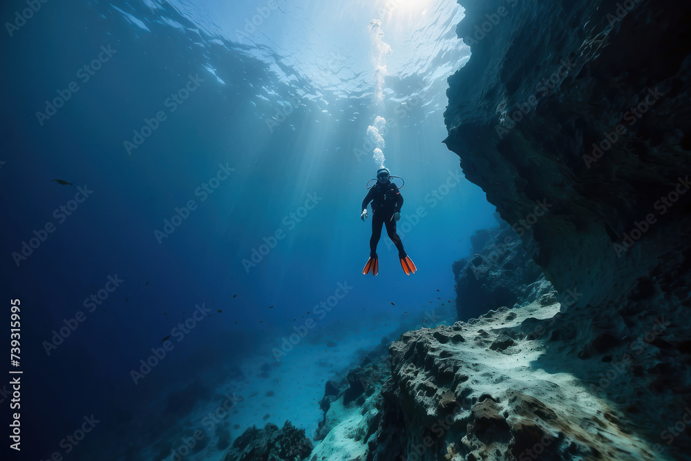 scuba diver at the edge of a drop-off, endless deep blue abyss, feeling of awe and solitude