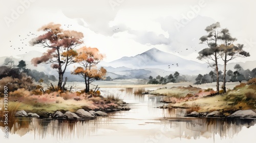 A classic watercolor landscape painting, its delicate details and soft colors complemented by a vint