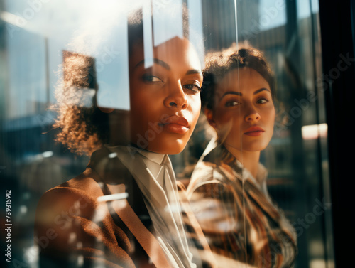 Portrait von zwei Geschäftsfrauen mit Spiegelungen und Reflexionen durch eine Glasscheibe im Gegenlicht