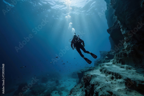 scuba diver at the edge of a drop-off, endless deep blue abyss, feeling of awe and solitude