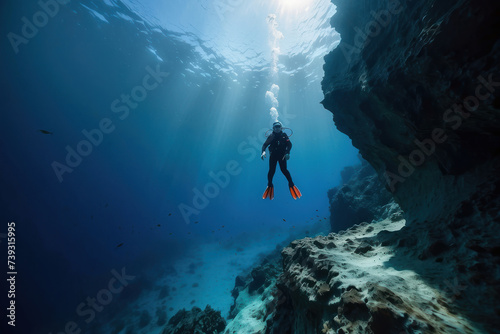Obraz na płótnie scuba diver at the edge of a drop-off, endless deep blue abyss, feeling of awe and solitude w salonie