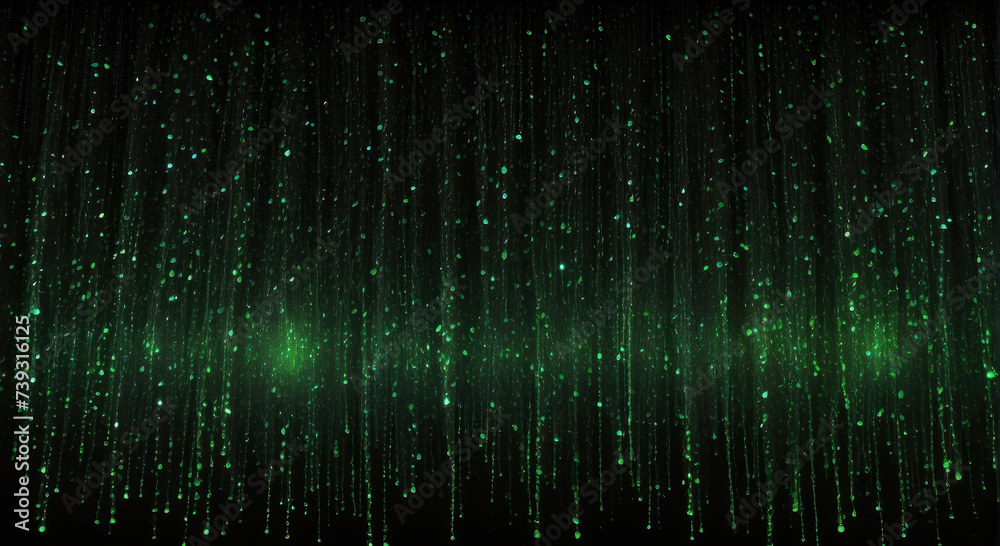 Shiny green glitter rain draping down on black background, sparkling particles celebration background, for party, poster, greeting card, Christmas and St Patrick's Day