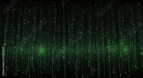 Shiny green glitter rain draping down on black background, sparkling particles celebration background, for party, poster, greeting card, Christmas and St Patrick's Day